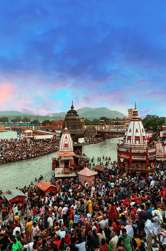 Pilgrims crowding Har Ki Pauri ghat on the Ganga in Haridwar during a Kumbh snan